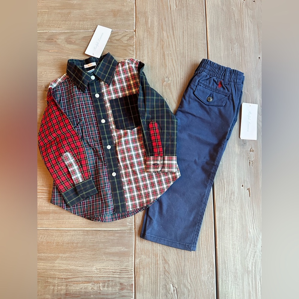 Ralph Lauren Holiday Plaid Button Up and Pants set size 18 months BNWT